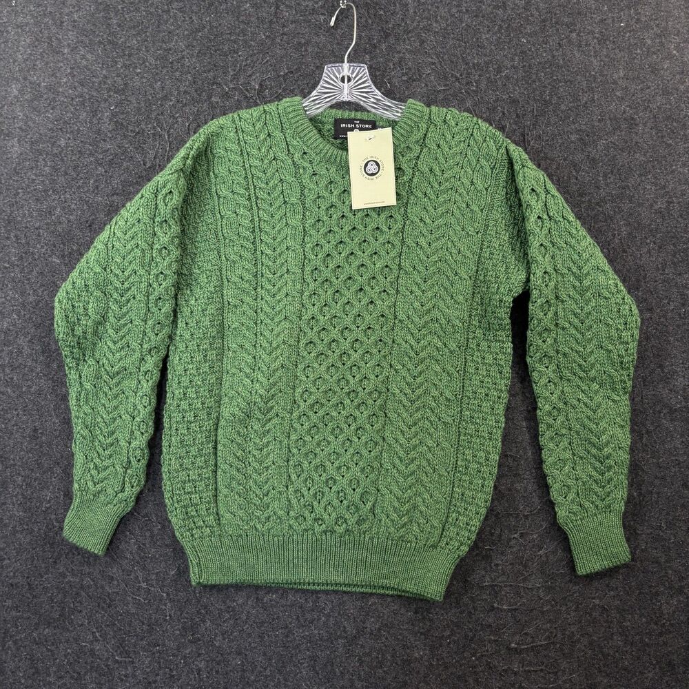 The Irish Store Sweater Men's Small Green Aran Cable Knit 100% Merino Wool